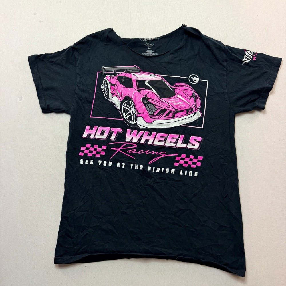 Hot Wheels Racing Shirt Women Medium Black Good Distressed Pink Car Graphic Tee
